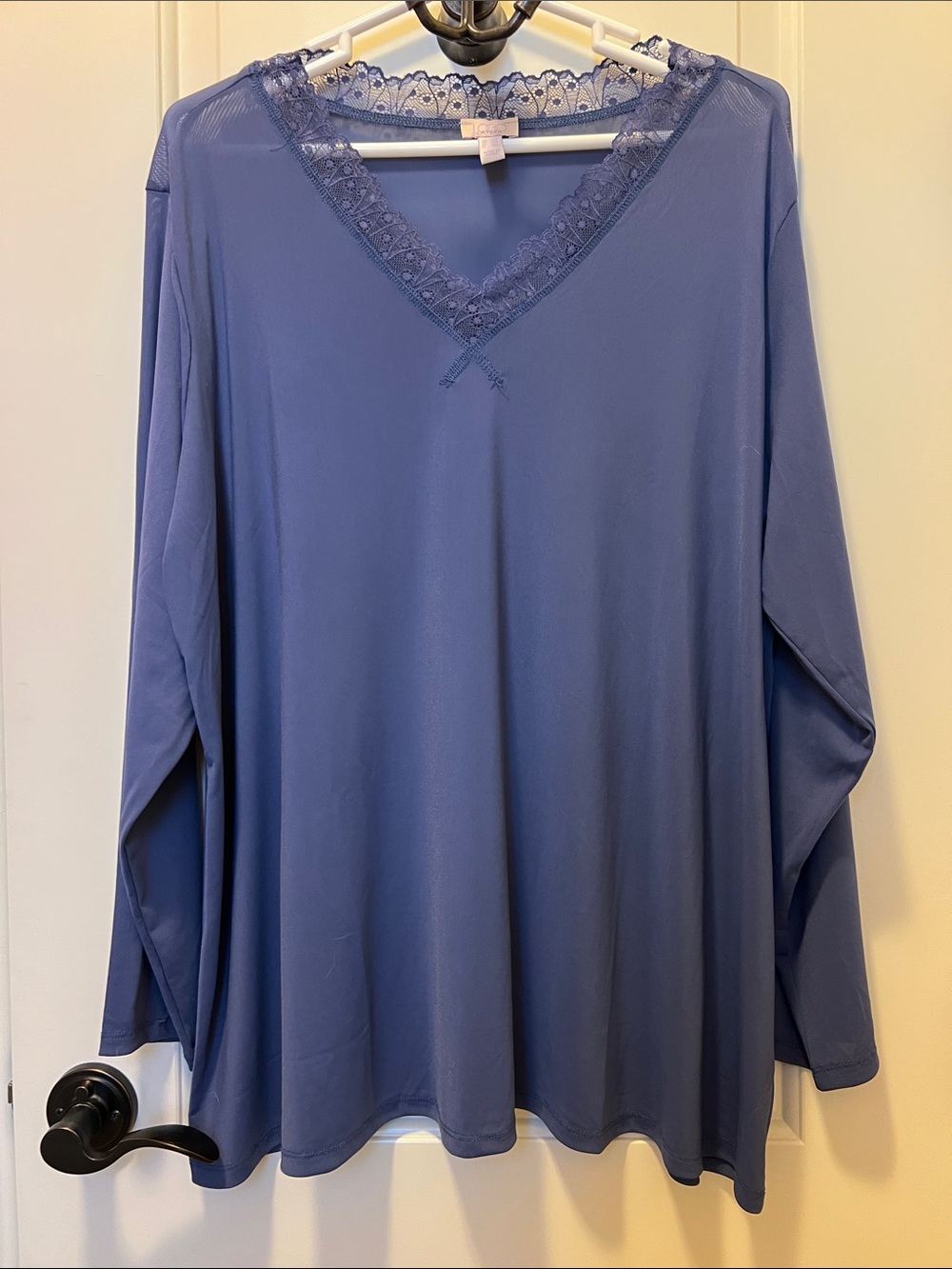 LOGO Lace-Trim V-Neck Long Sleeve Top - Blue